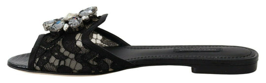 Dolce & Gabbana Elegant Black Lace Mules with Jewel Flower Detail