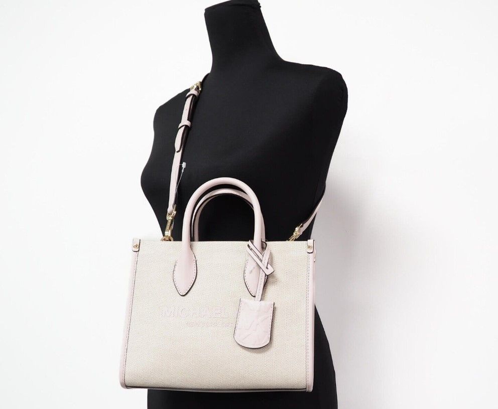 Michael Kors Mirella Small Powder Blush Canvas Shopper Crossbody Handbag Purse - ACCEXO