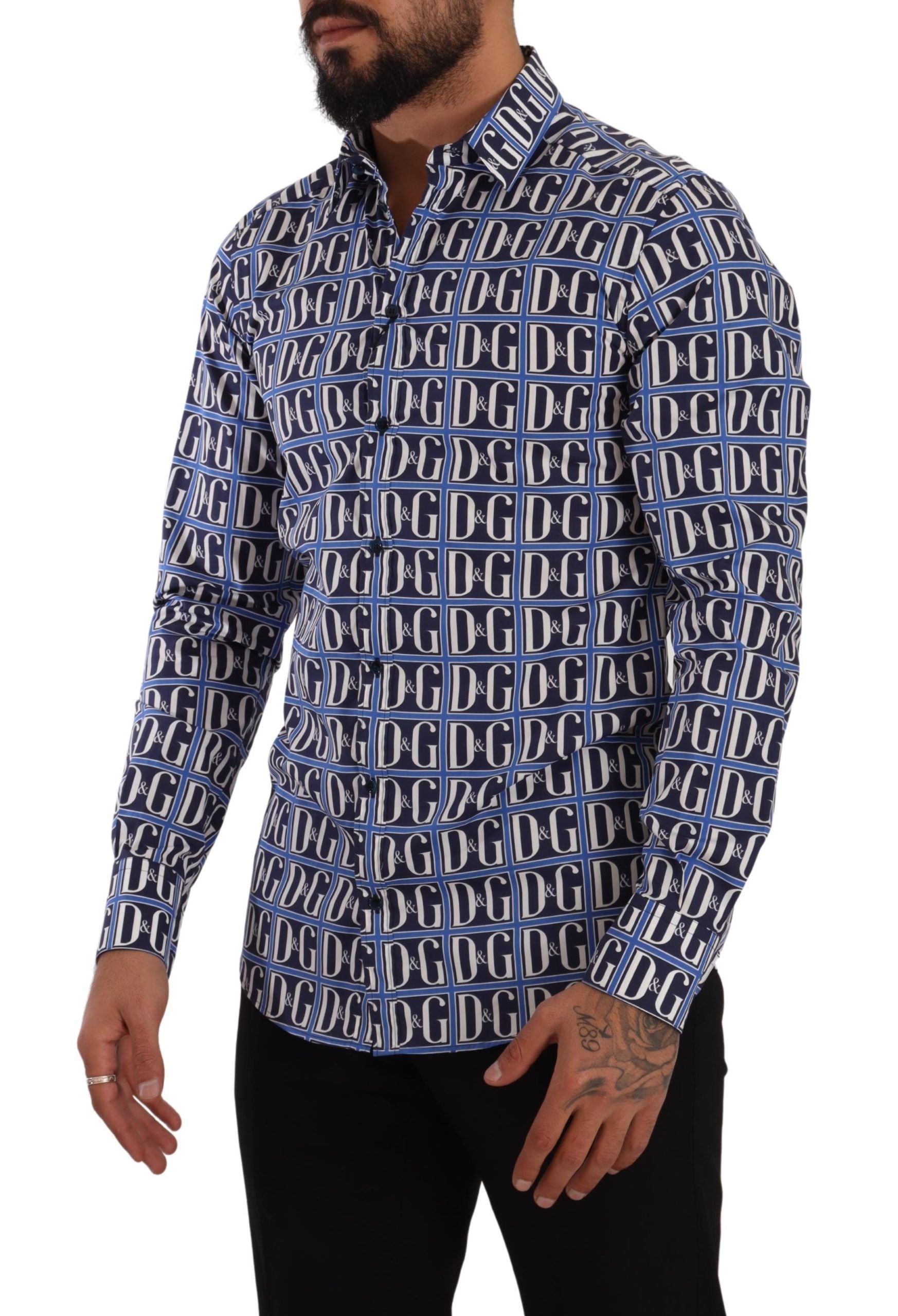 Dolce & Gabbana Slim Fit Blue Logo Cotton Shirt - ACCEXO