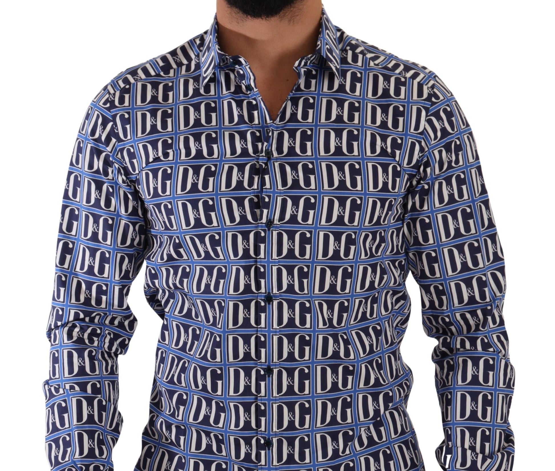 Dolce & Gabbana Slim Fit Blue Logo Cotton Shirt - ACCEXO