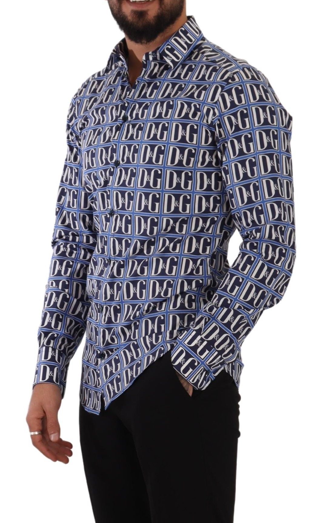 Dolce & Gabbana Slim Fit Blue Logo Cotton Shirt - ACCEXO