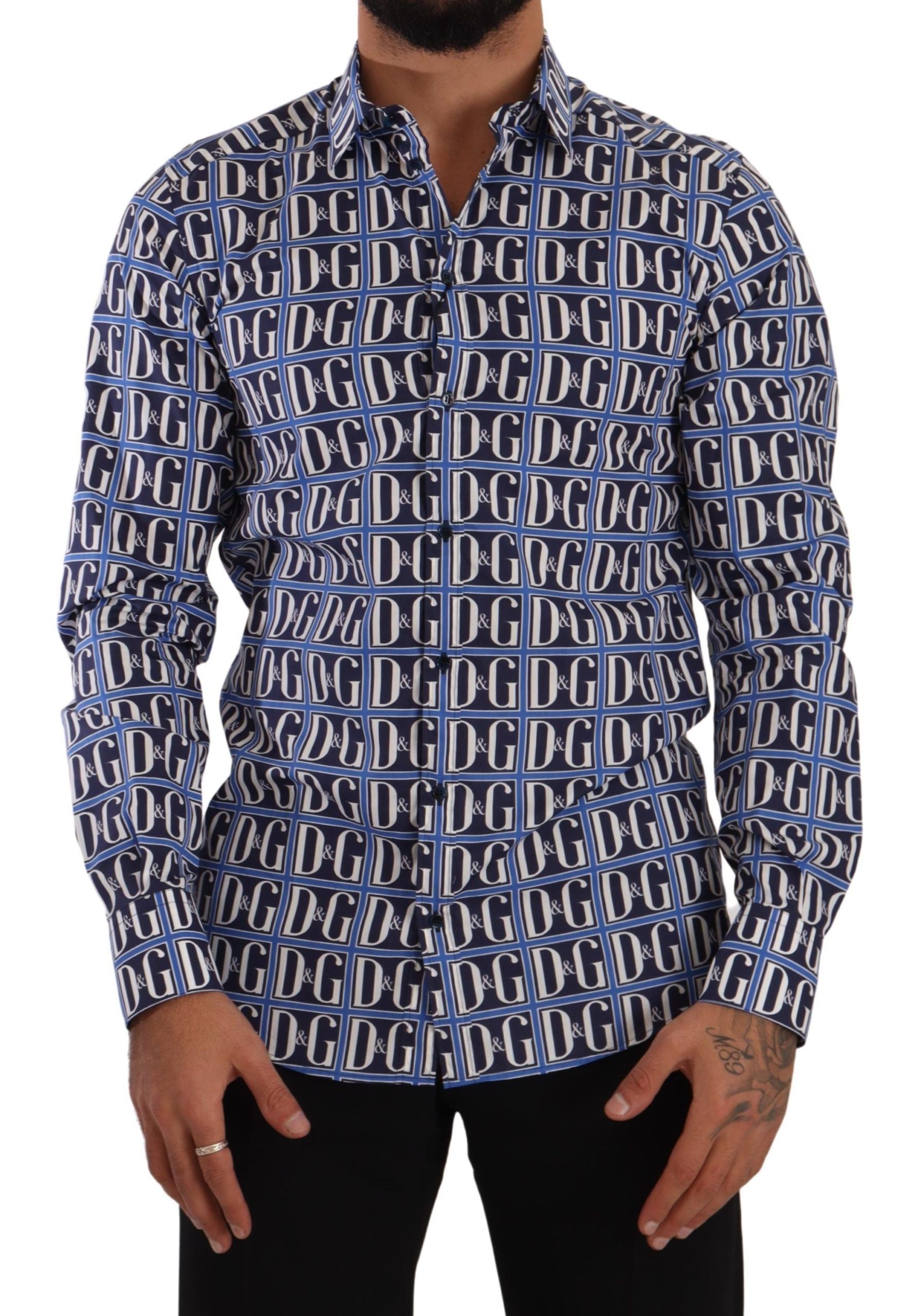 Dolce & Gabbana Slim Fit Blue Logo Cotton Shirt - ACCEXO