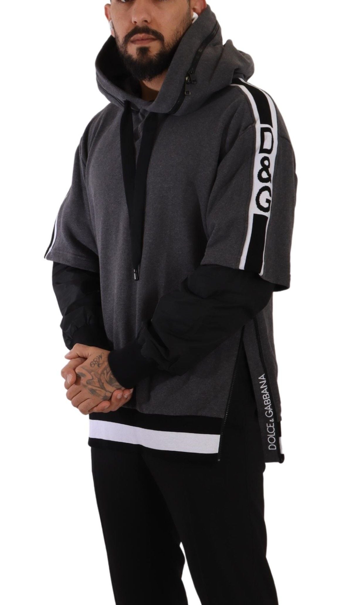 Dolce & Gabbana Elegant Hooded Black & Gray Pullover Sweatshirt - ACCEXO