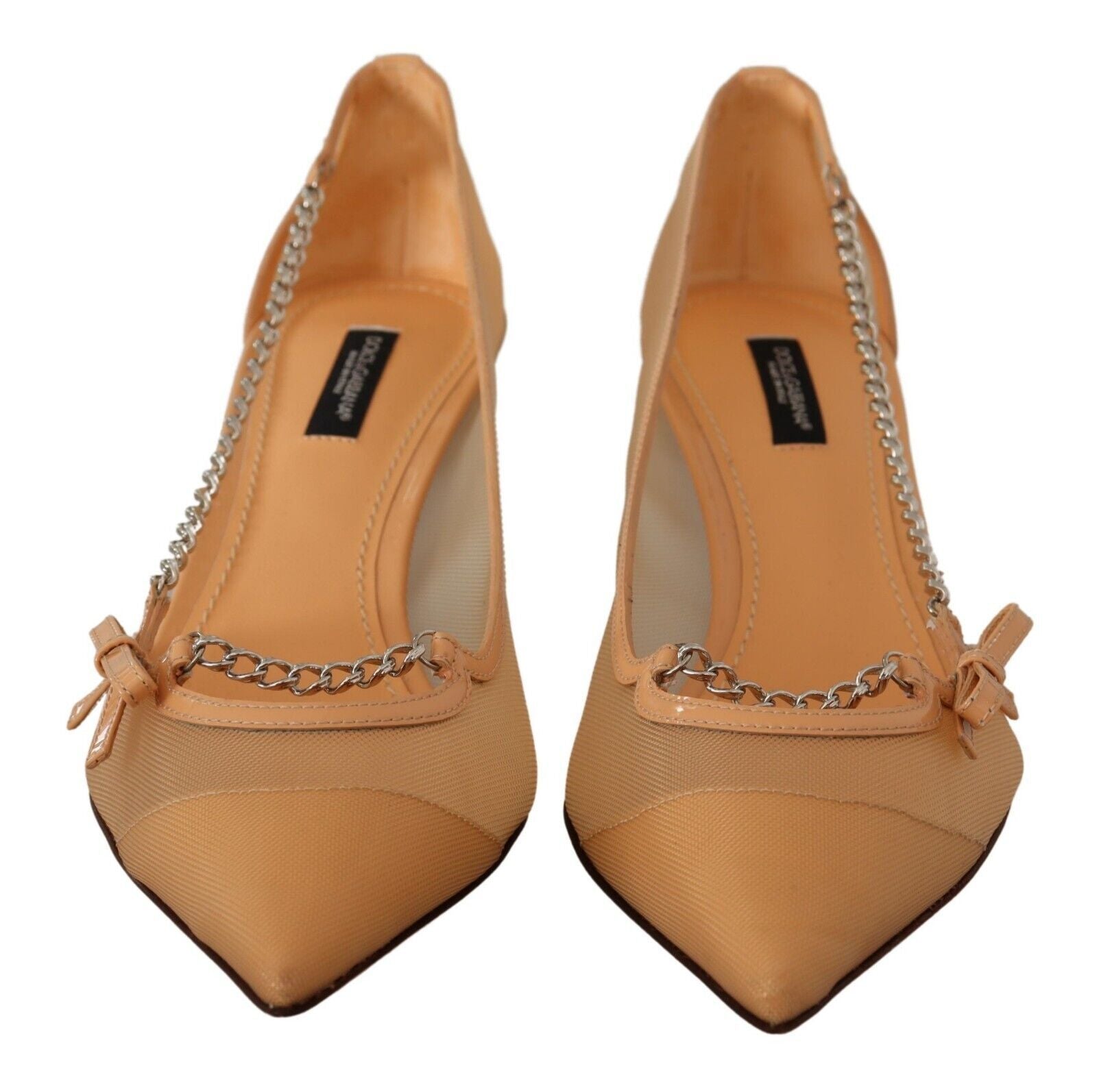 Dolce & Gabbana Elegant Beige Mesh Pumps with Silver Chains - ACCEXO