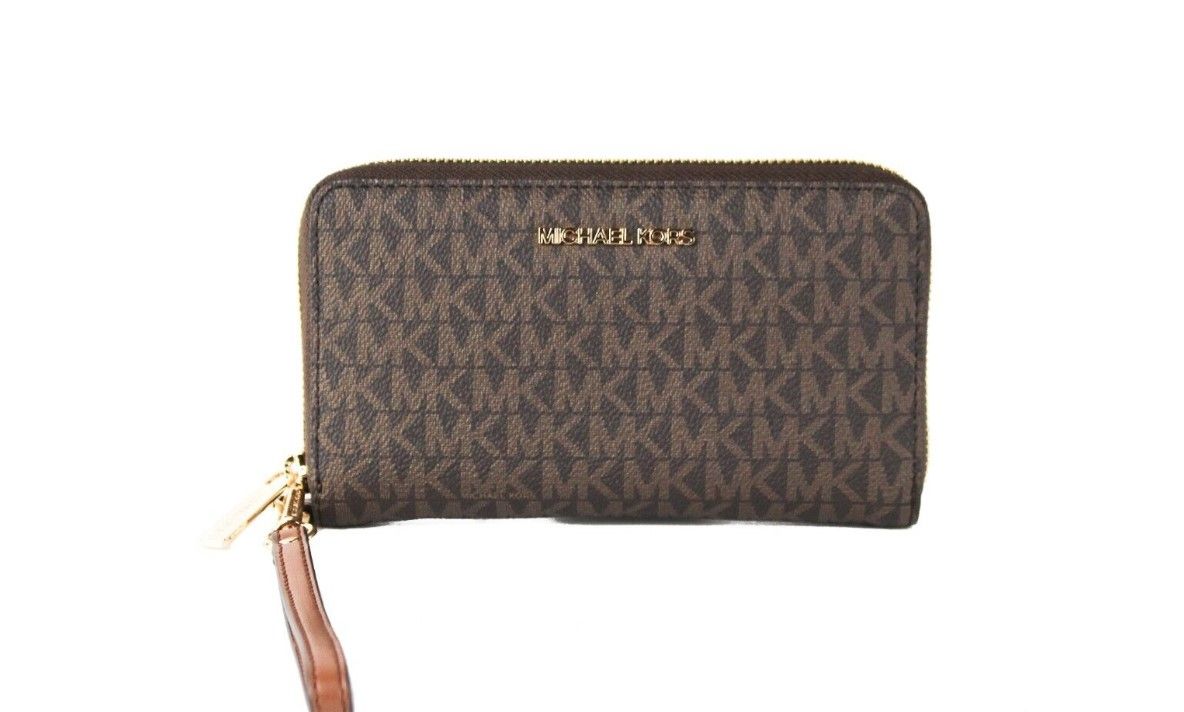 Michael Kors Jet Set Large Brown Signature PVC Flat Multifunction Wrist Wallet - ACCEXO
