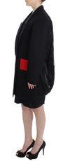 Elegant Draped Long Coat in Black with Red Accents