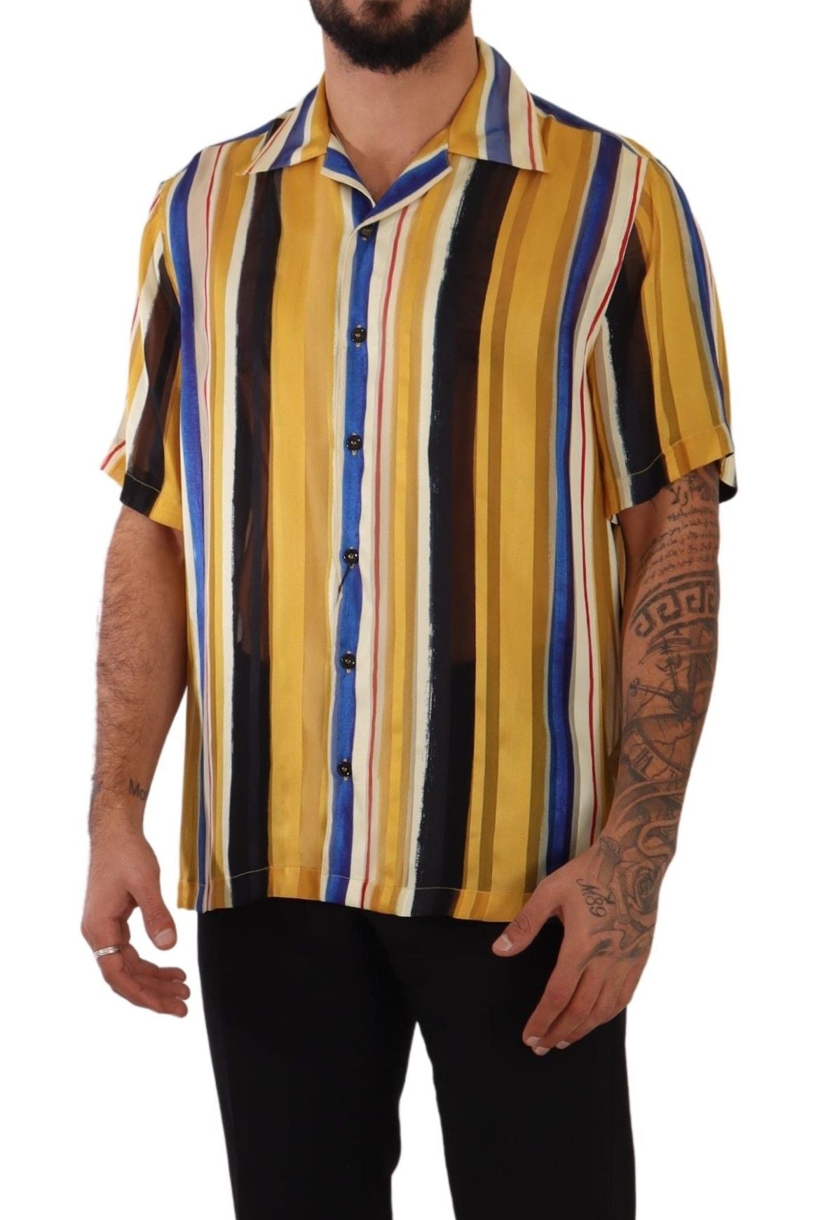 Dolce & Gabbana Yellow Striped Silk-Blend Men's Shirt - ACCEXO