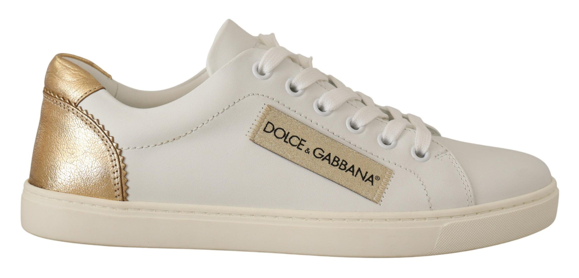 Dolce & Gabbana Elegant White Leather Sneakers with Gold Accents - ACCEXO