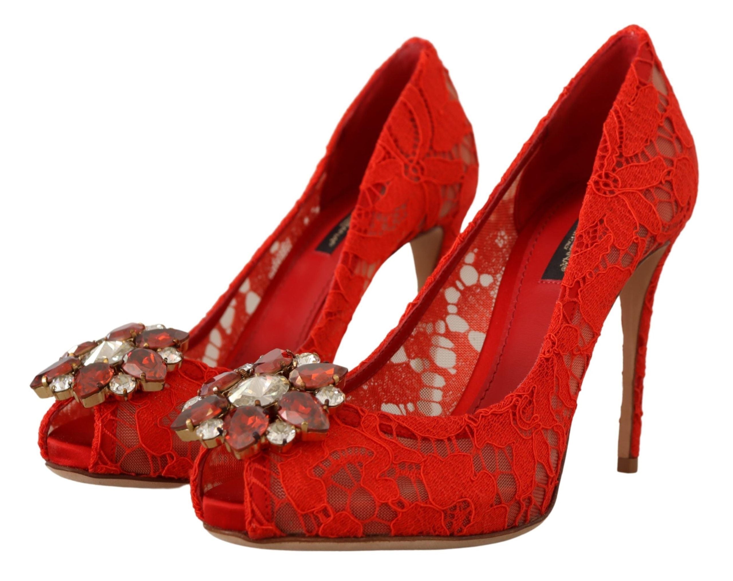 Dolce & Gabbana Red Crystal Taormina Lace Heels Pumps - ACCEXO