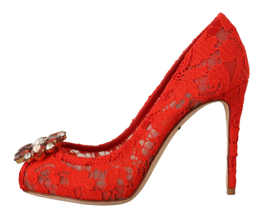 Dolce & Gabbana Red Crystal Taormina Lace Heels Pumps