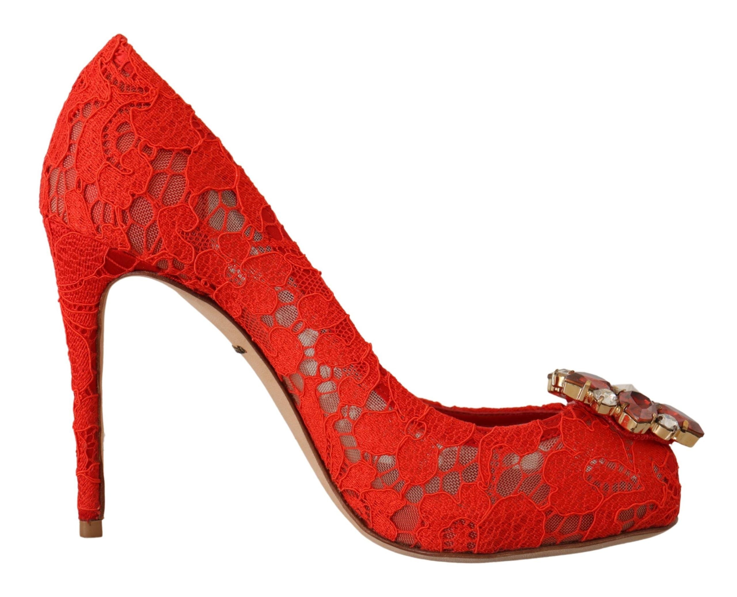 Dolce & Gabbana Red Crystal Taormina Lace Heels Pumps - ACCEXO