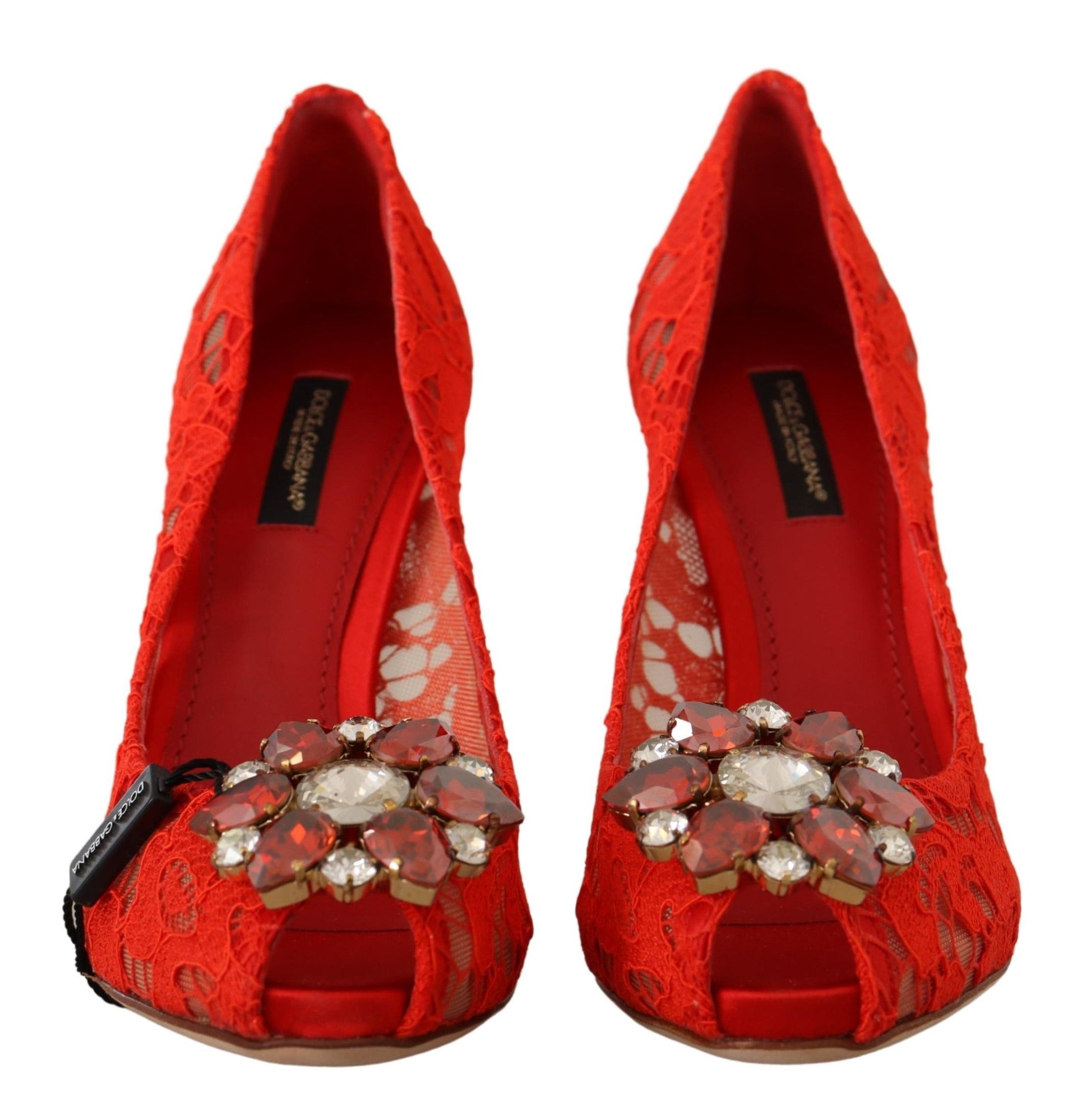 Dolce & Gabbana Red Crystal Taormina Lace Heels Pumps - ACCEXO