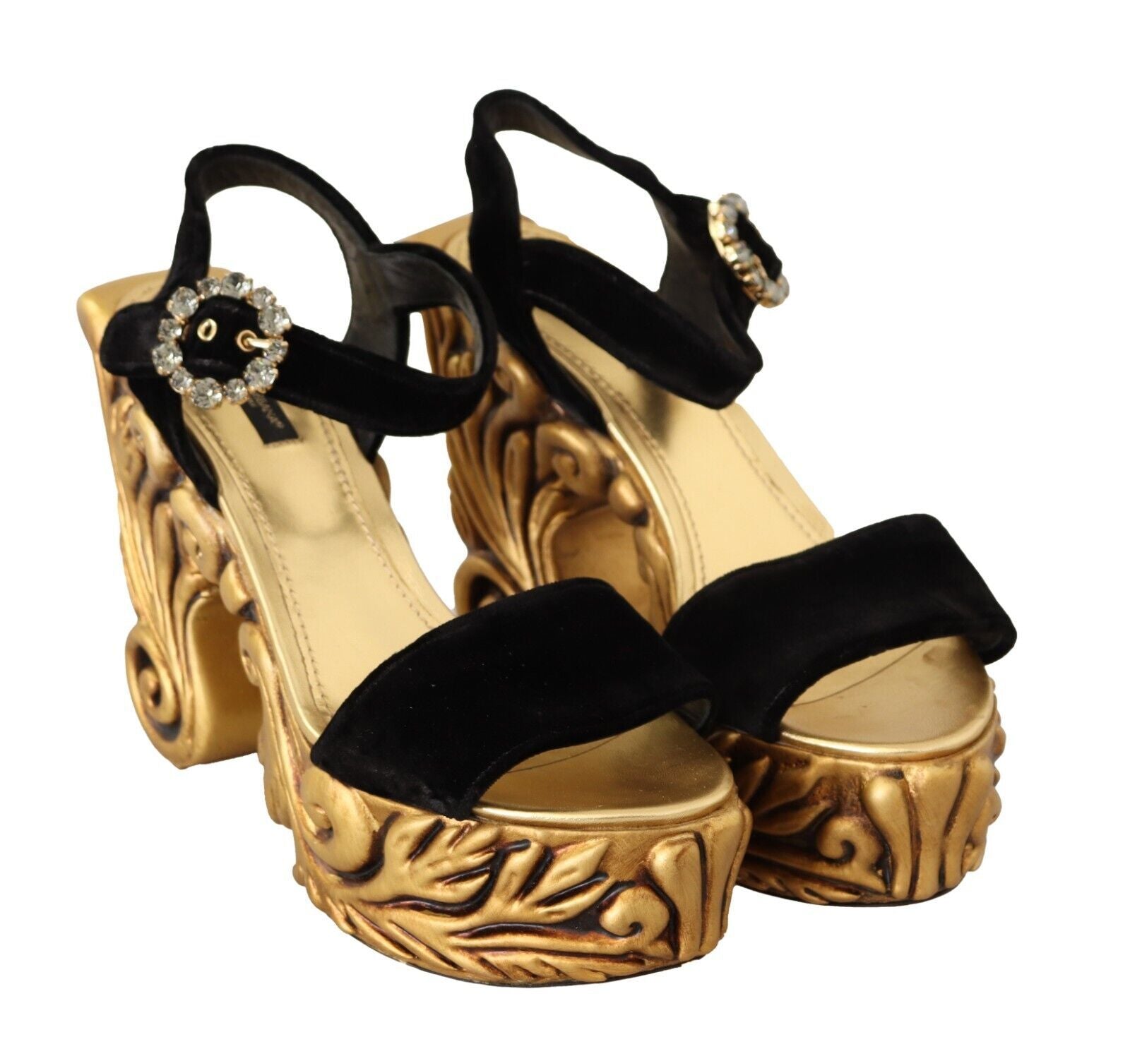 Dolce & Gabbana Baroque Velvet Heels in Black and Gold - ACCEXO
