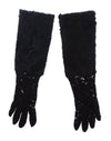 Black Lace Wool Lambskin Fur Elbow Gloves