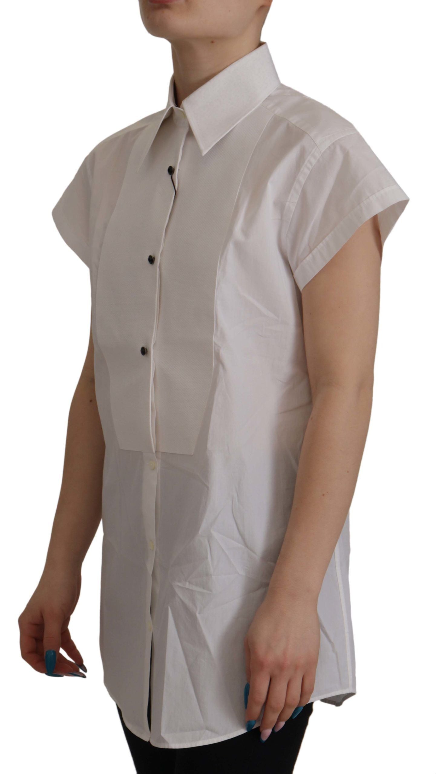 Dolce & Gabbana Elegant Sleeveless Tuxedo Blouse with Crystal Buttons - ACCEXO