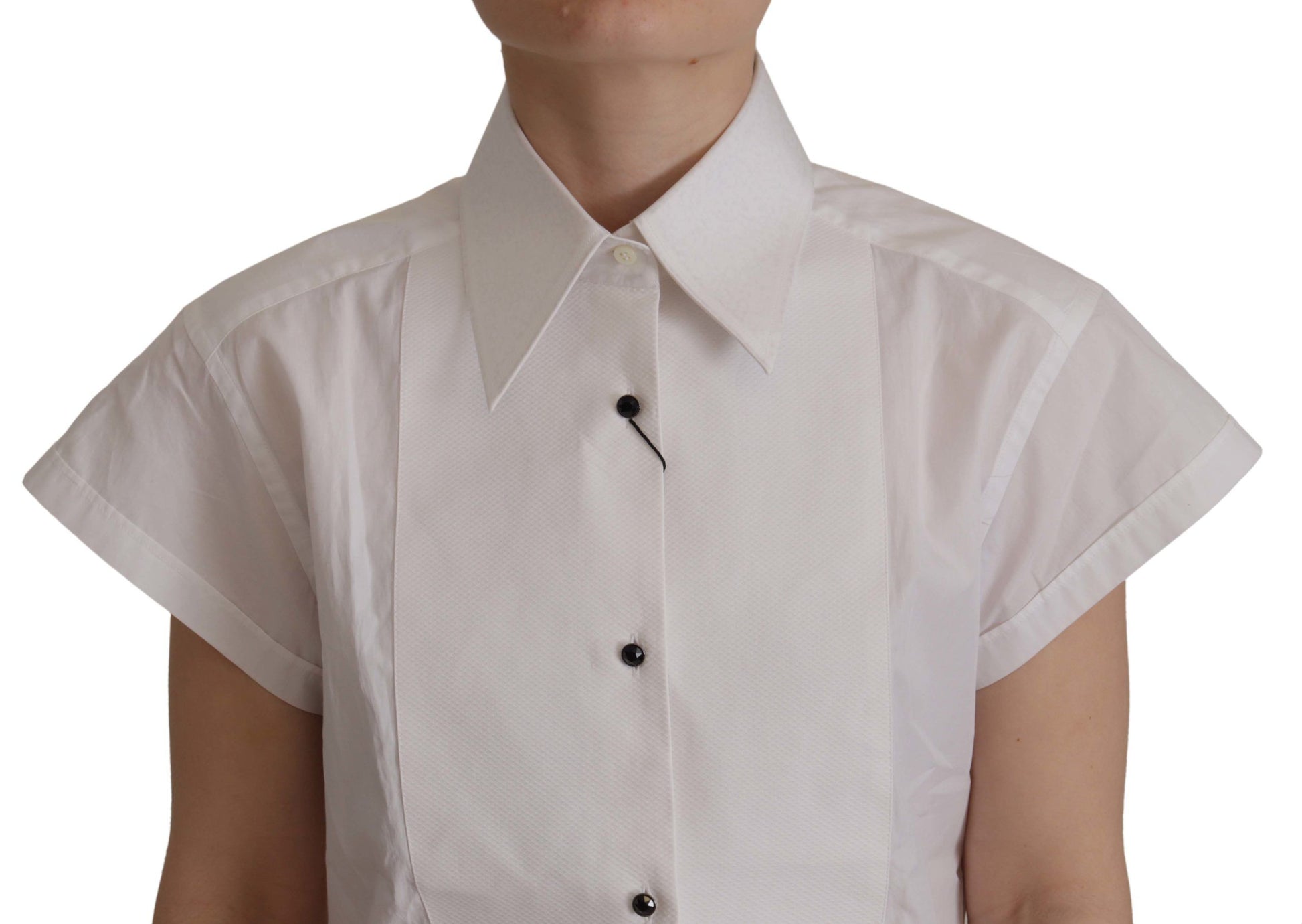 Dolce & Gabbana Elegant Sleeveless Tuxedo Blouse with Crystal Buttons - ACCEXO