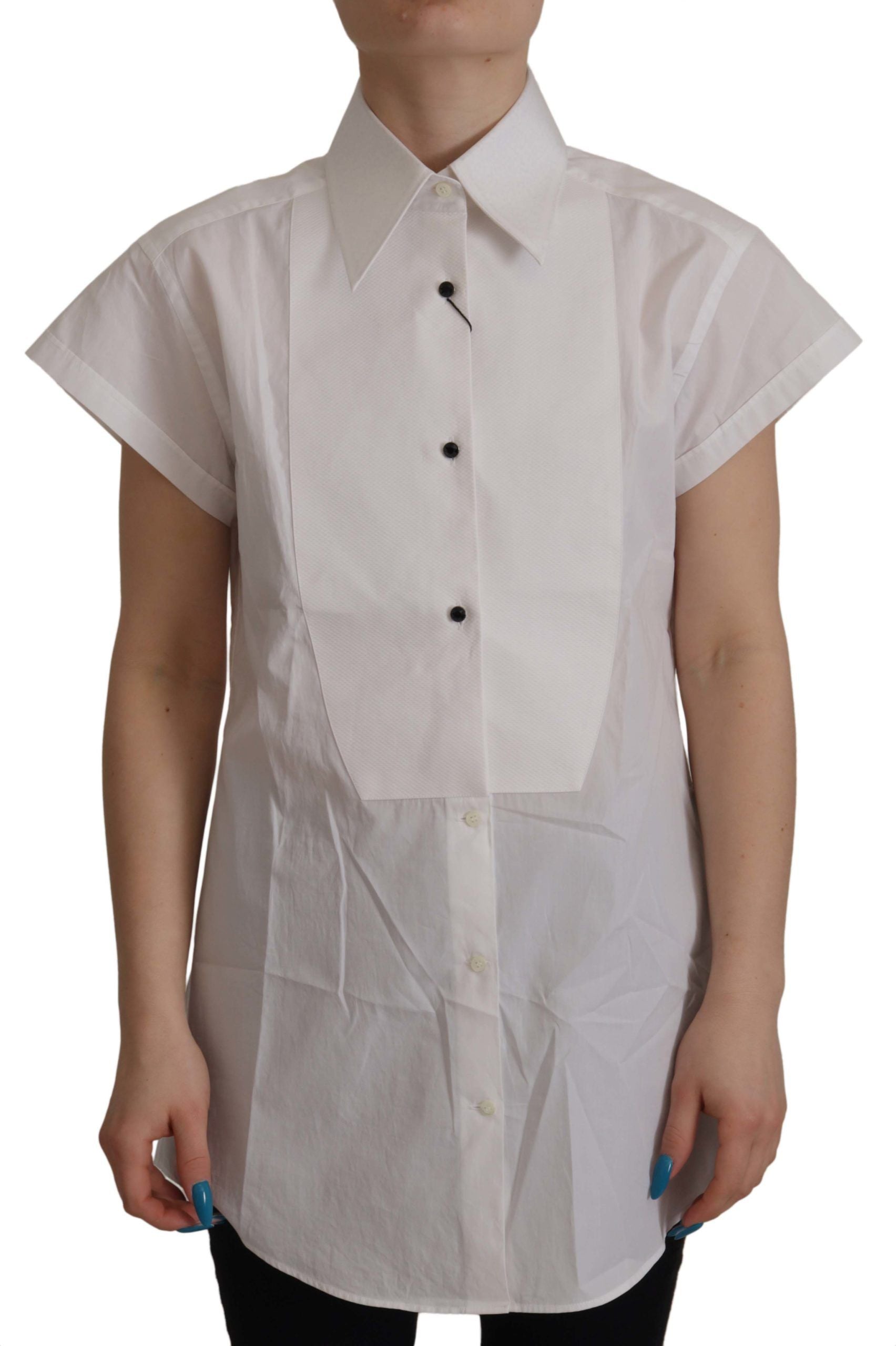 Dolce & Gabbana Elegant Sleeveless Tuxedo Blouse with Crystal Buttons - ACCEXO