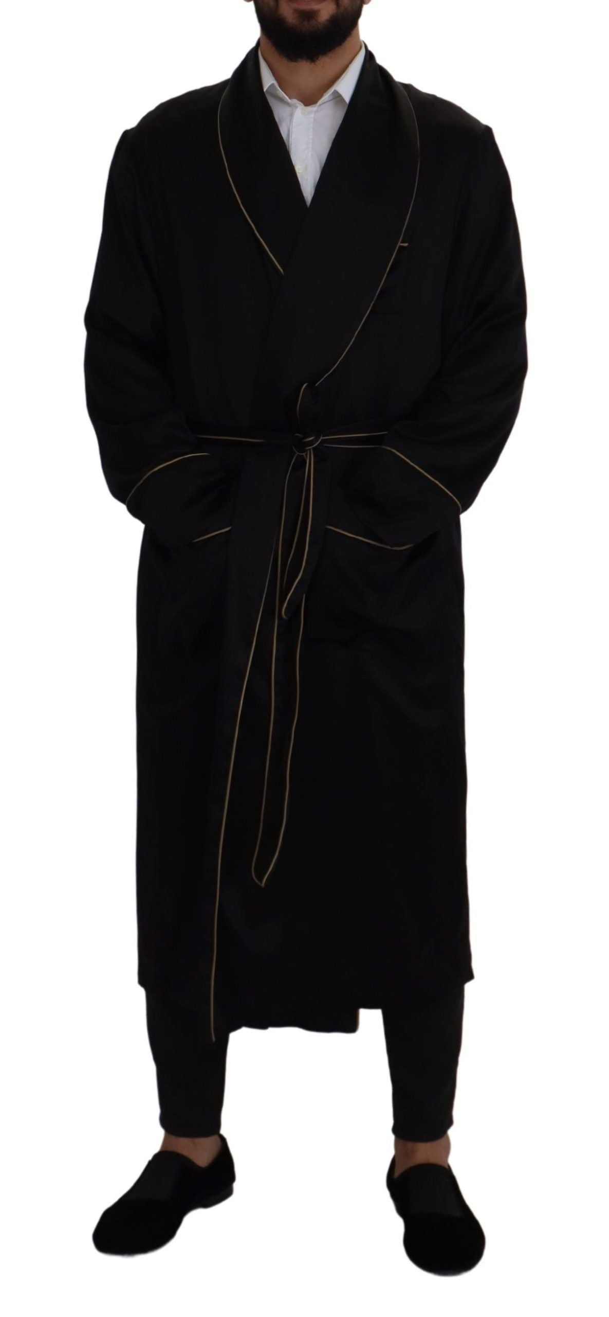 Dolce & Gabbana Elegant Black Silk Long Robe Coat - ACCEXO