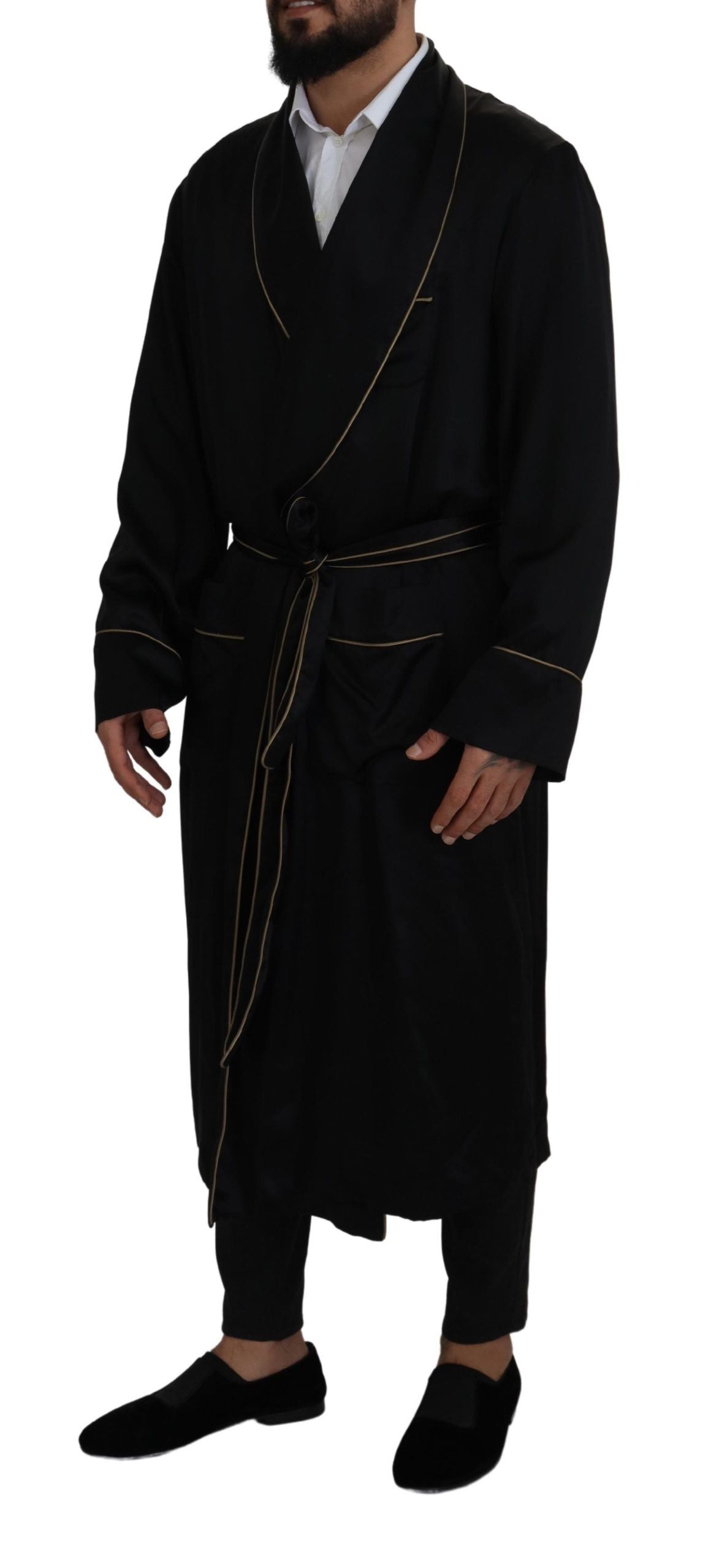 Dolce & Gabbana Elegant Black Silk Long Robe Coat - ACCEXO