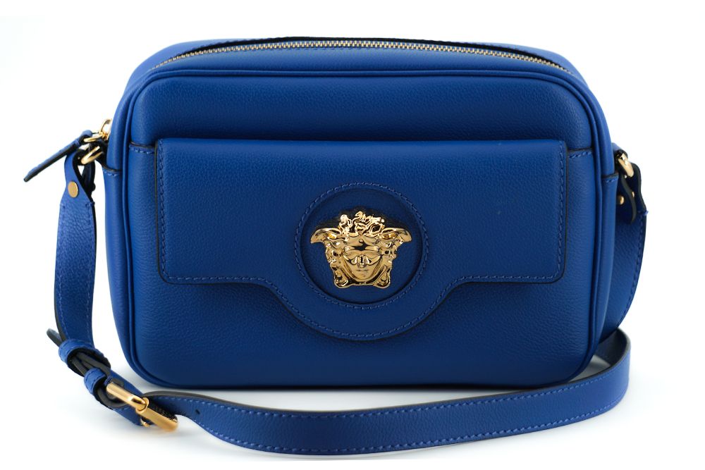 Versace Elegant Blue Calf Leather Camera Case Bag - ACCEXO