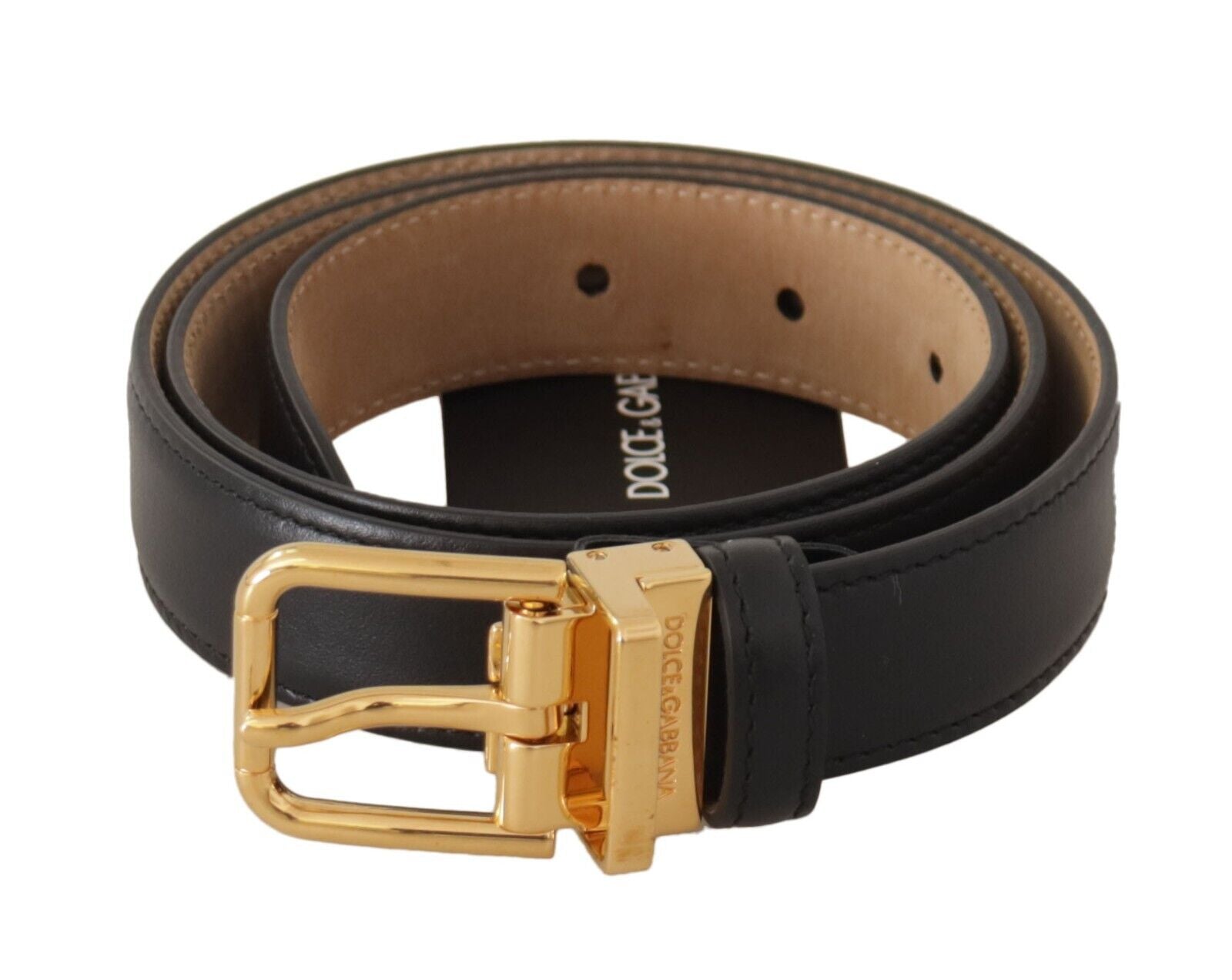 Dolce & Gabbana Elegant Black Leather Belt with Engraved Metal Buckle - ACCEXO