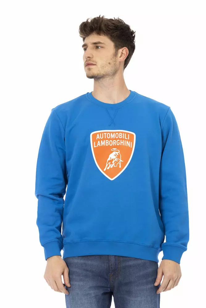 Man wearing a blue sweatshirt with a Lamborghini logo on a white background