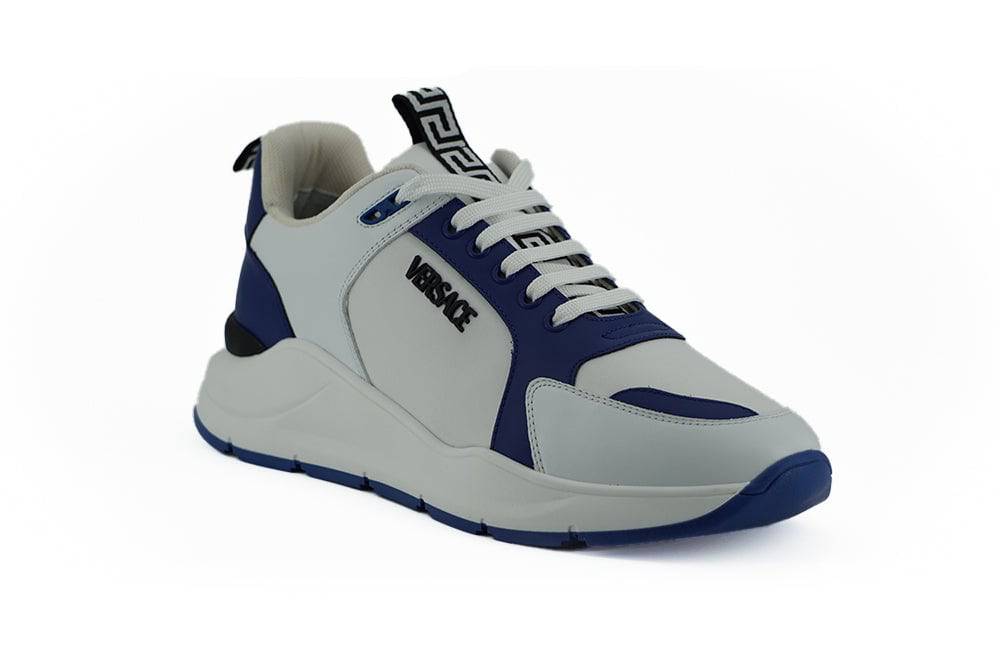 Versace Elegant Blue and White Leather Sneakers - ACCEXO