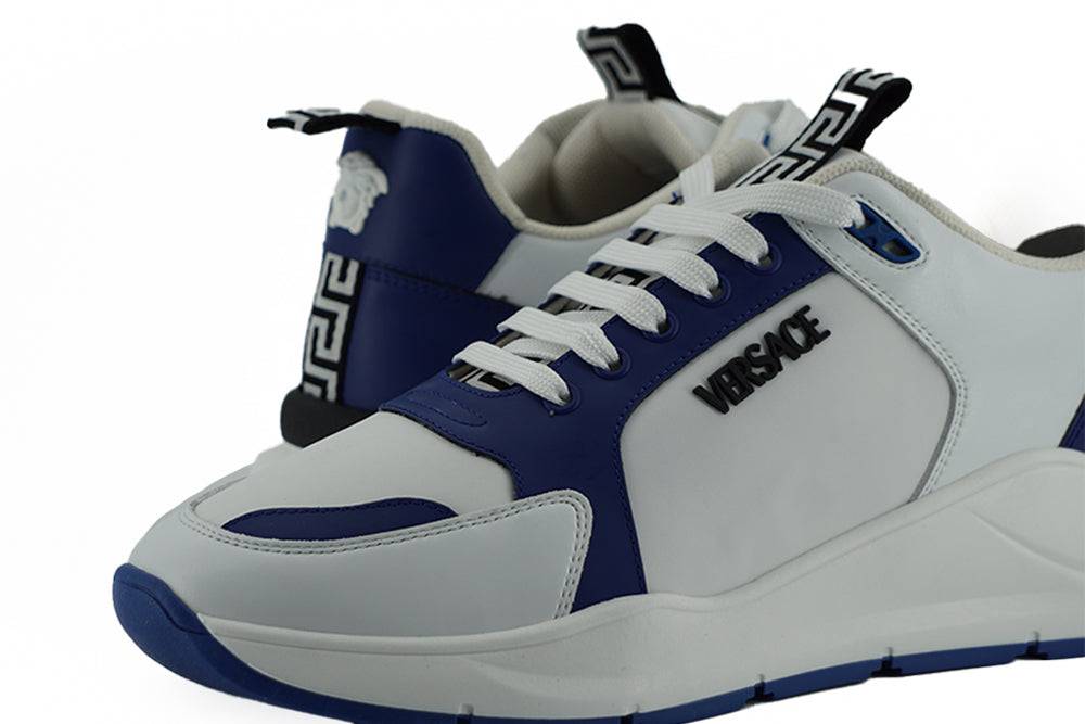 Versace Elegant Blue and White Leather Sneakers - ACCEXO