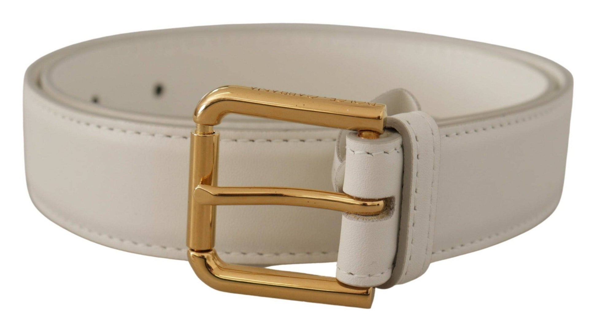 Dolce & Gabbana Chic White Leather Belt with Gold Engraved Buckle - ACCEXO