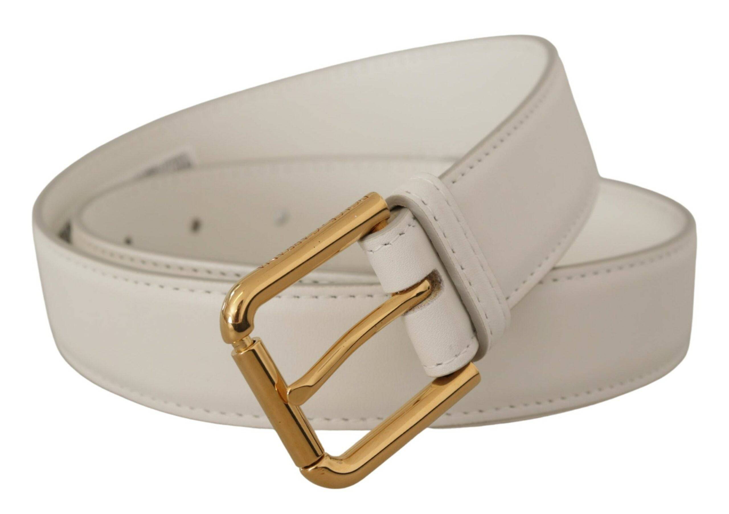 Dolce & Gabbana Chic White Leather Belt with Gold Engraved Buckle - ACCEXO