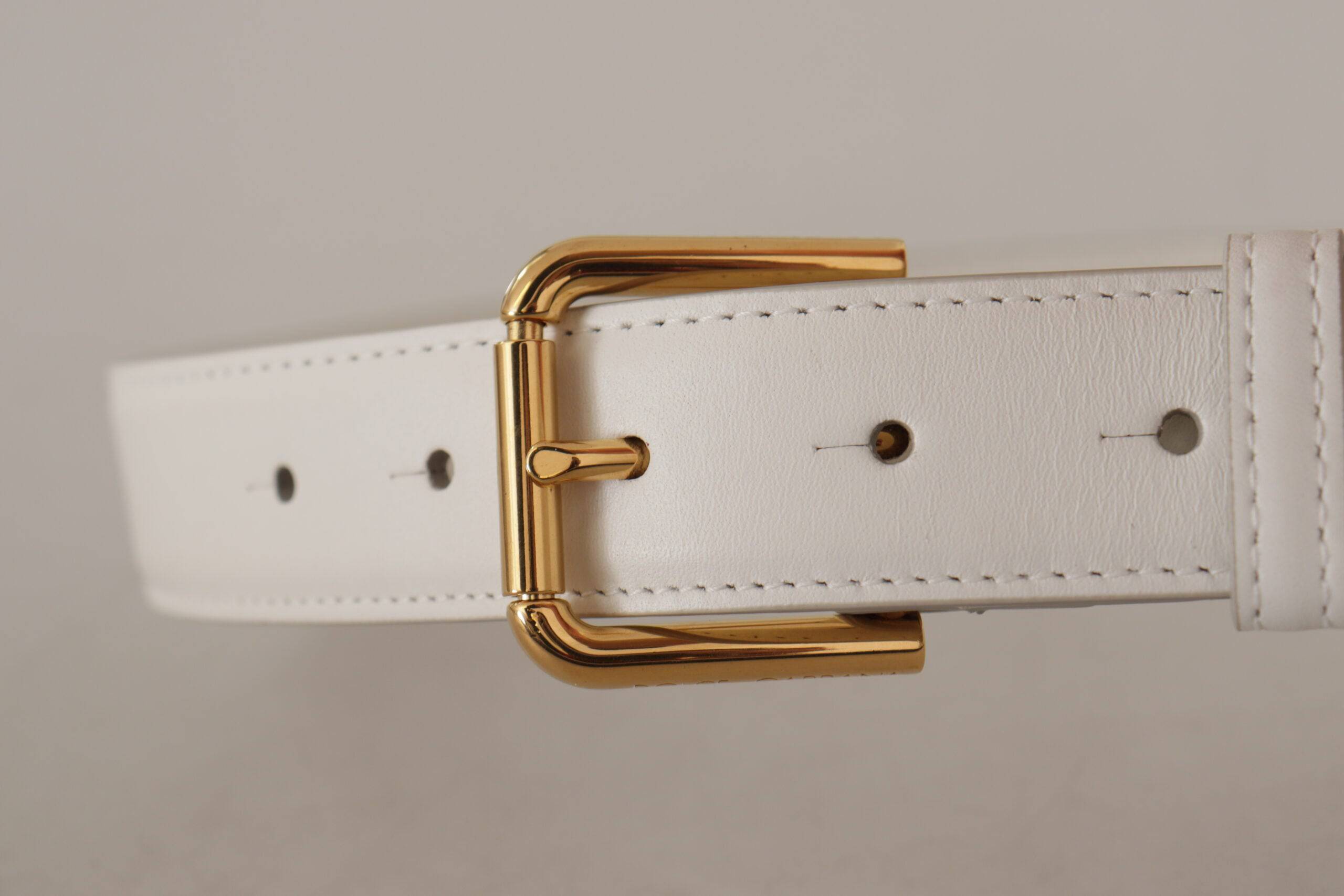 Dolce & Gabbana Chic White Leather Belt with Gold Engraved Buckle - ACCEXO