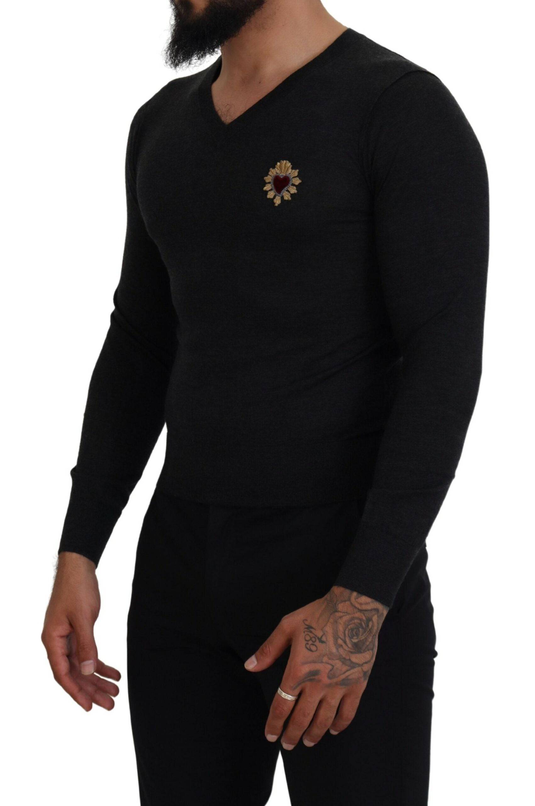 Dolce & Gabbana V-Neck Cashmere Sweater with Heart Embroidery - ACCEXO
