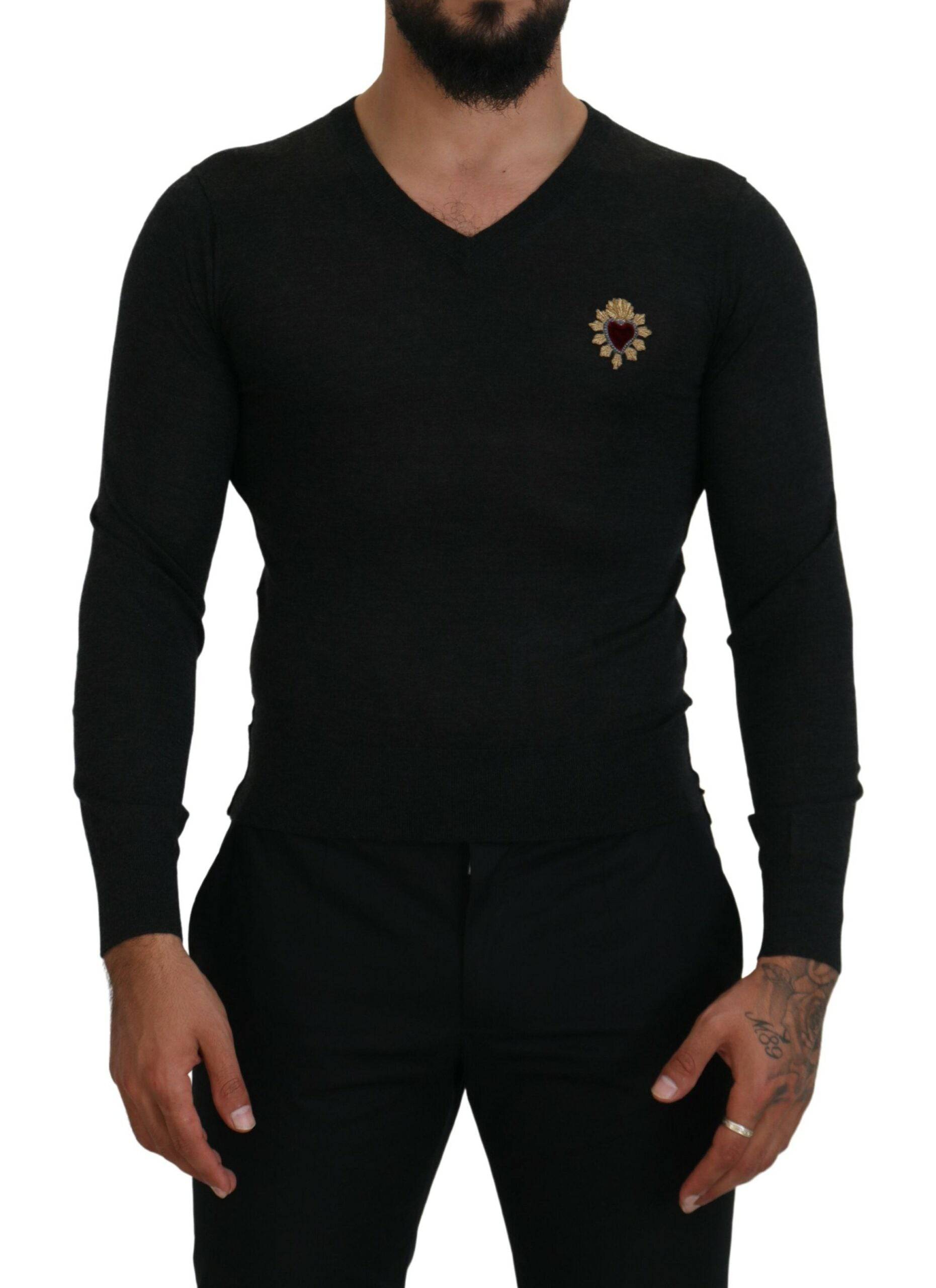 Dolce & Gabbana V-Neck Cashmere Sweater with Heart Embroidery - ACCEXO