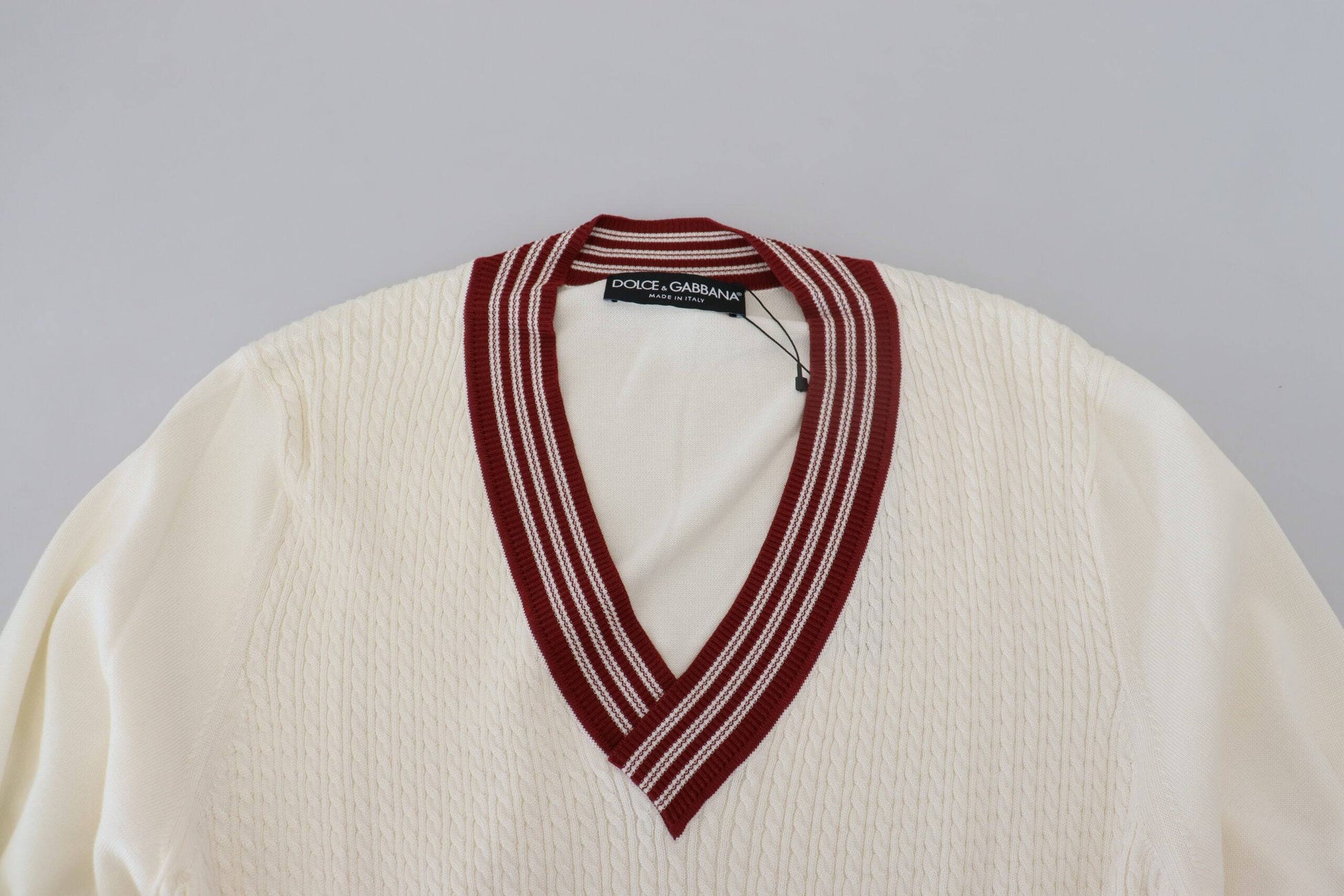 Dolce & Gabbana Off White Silk Cotton V-Neck Sweater - ACCEXO