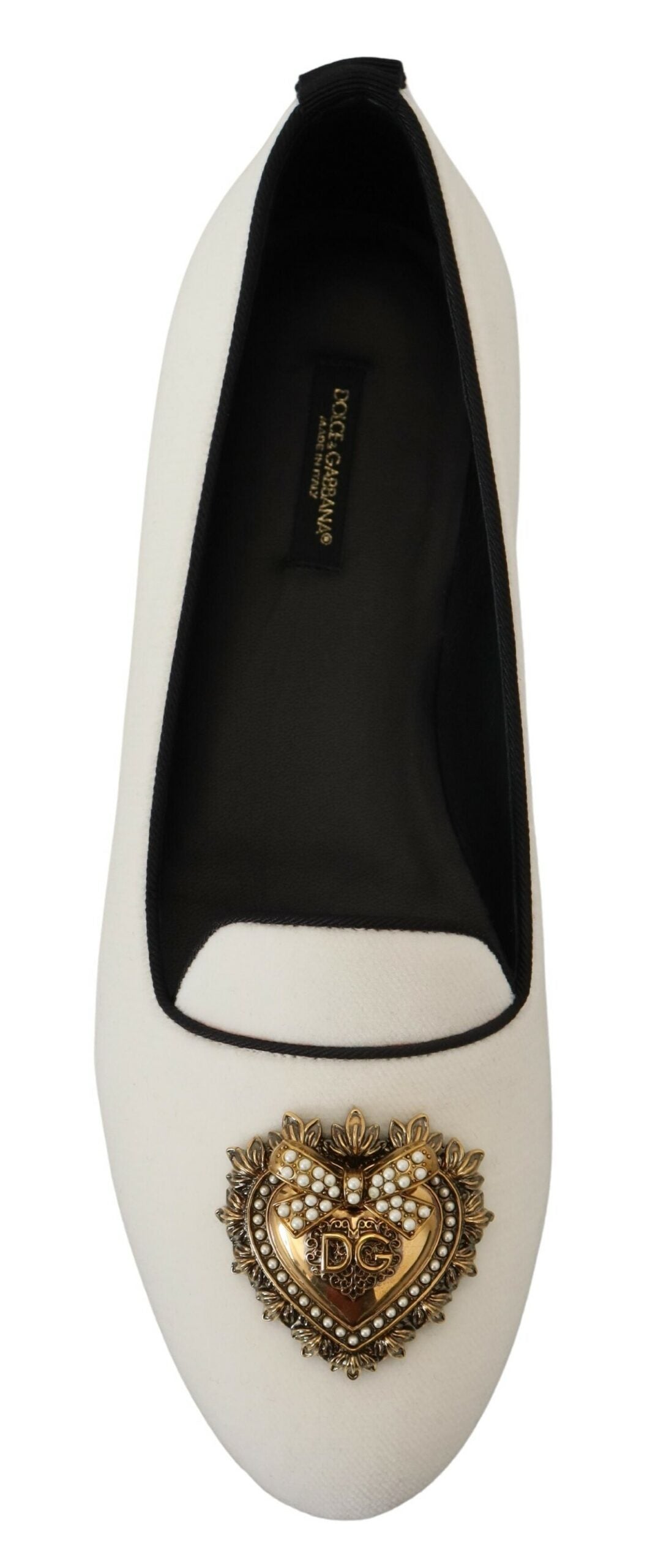 Dolce & Gabbana Elegant White Velvet Loafers with Gold Heart Detail - ACCEXO