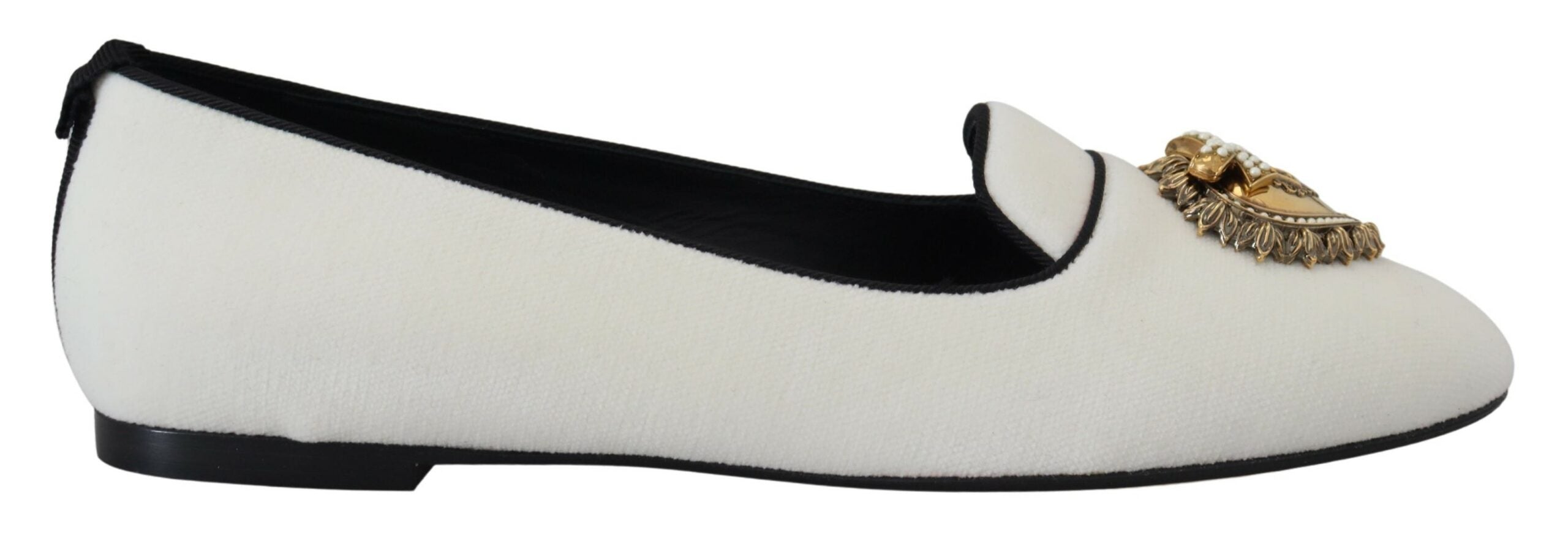 Dolce & Gabbana Elegant White Velvet Loafers with Gold Heart Detail - ACCEXO
