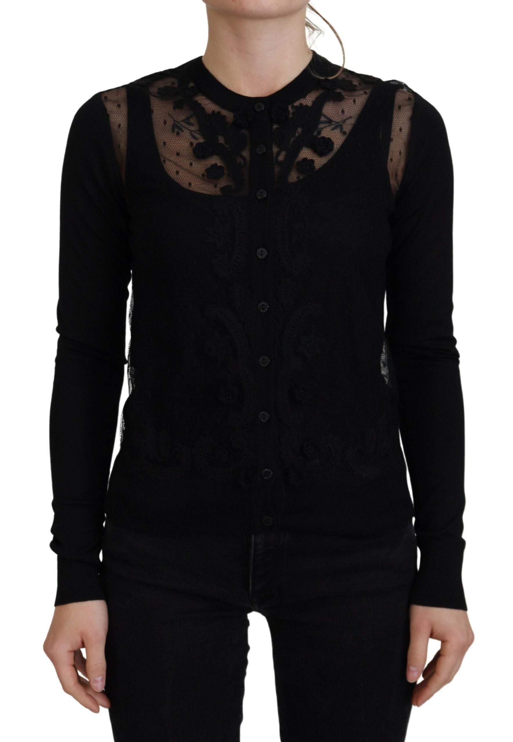 Dolce & Gabbana Elegant Black Floral Lace Cardigan Sweater - ACCEXO