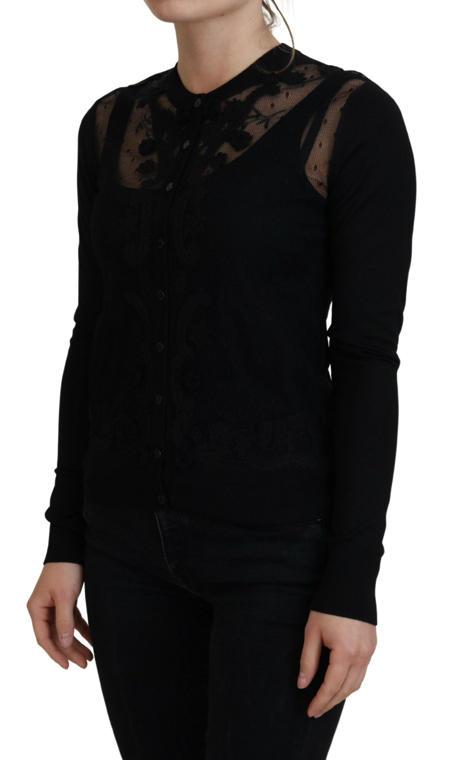 Dolce & Gabbana Elegant Black Floral Lace Cardigan Sweater - ACCEXO