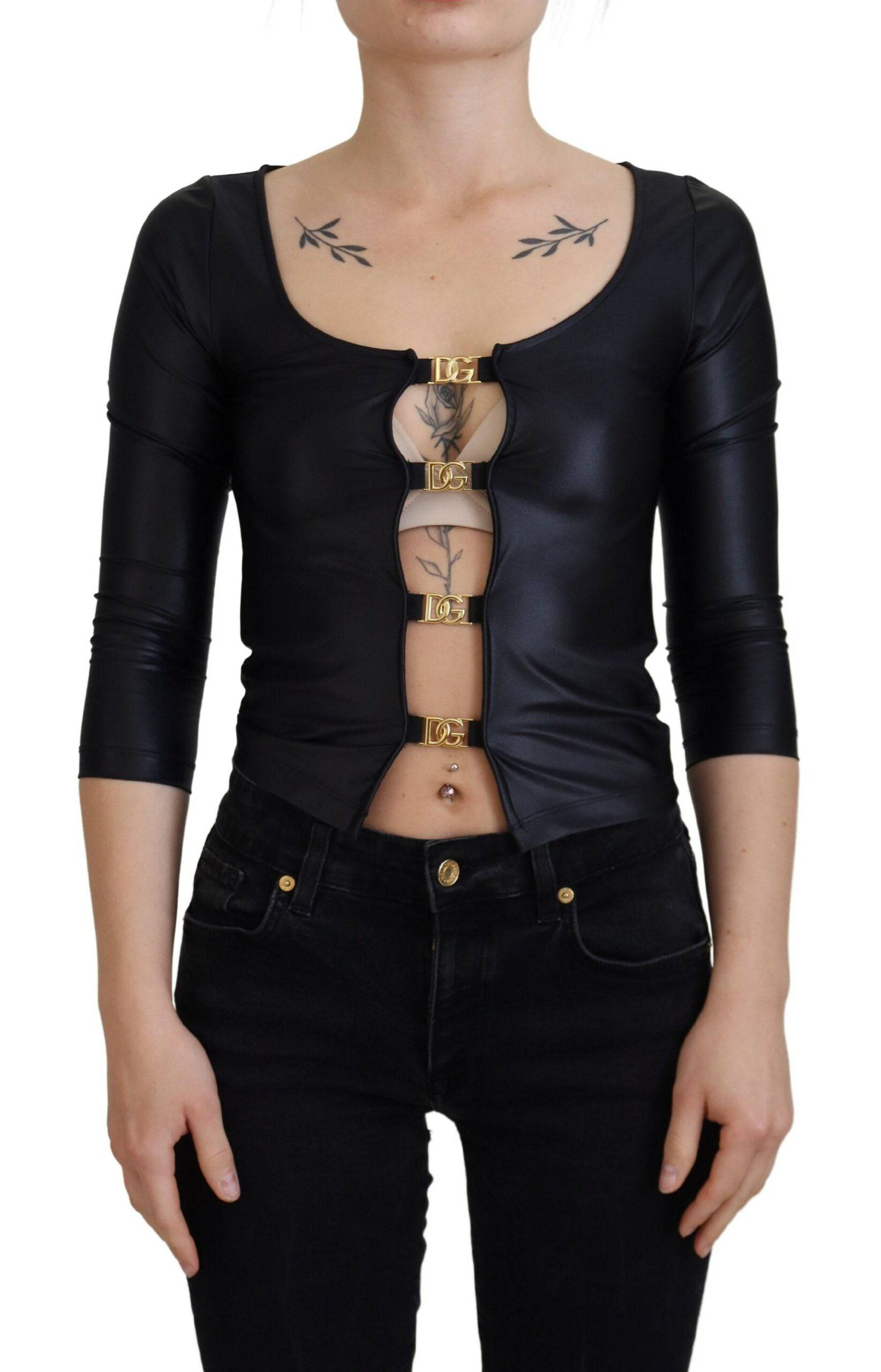 Dolce & Gabbana Elegant Black 3/4 Sleeve Top with Gold Detailing - IT40|S