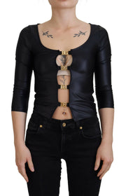 Dolce & Gabbana Elegant Black 3/4 Sleeve Top with Gold Detailing - IT40|S