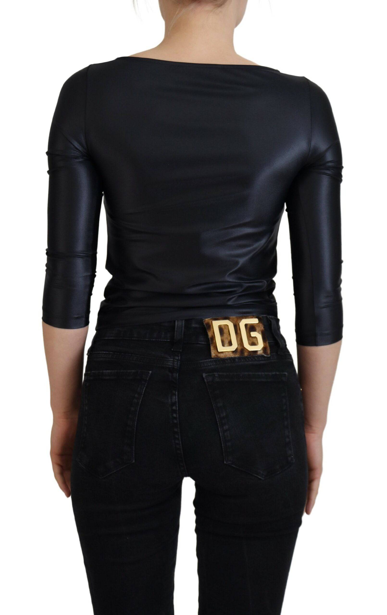 Dolce & Gabbana Elegant Black 3/4 Sleeve Top with Gold Detailing - IT40|S