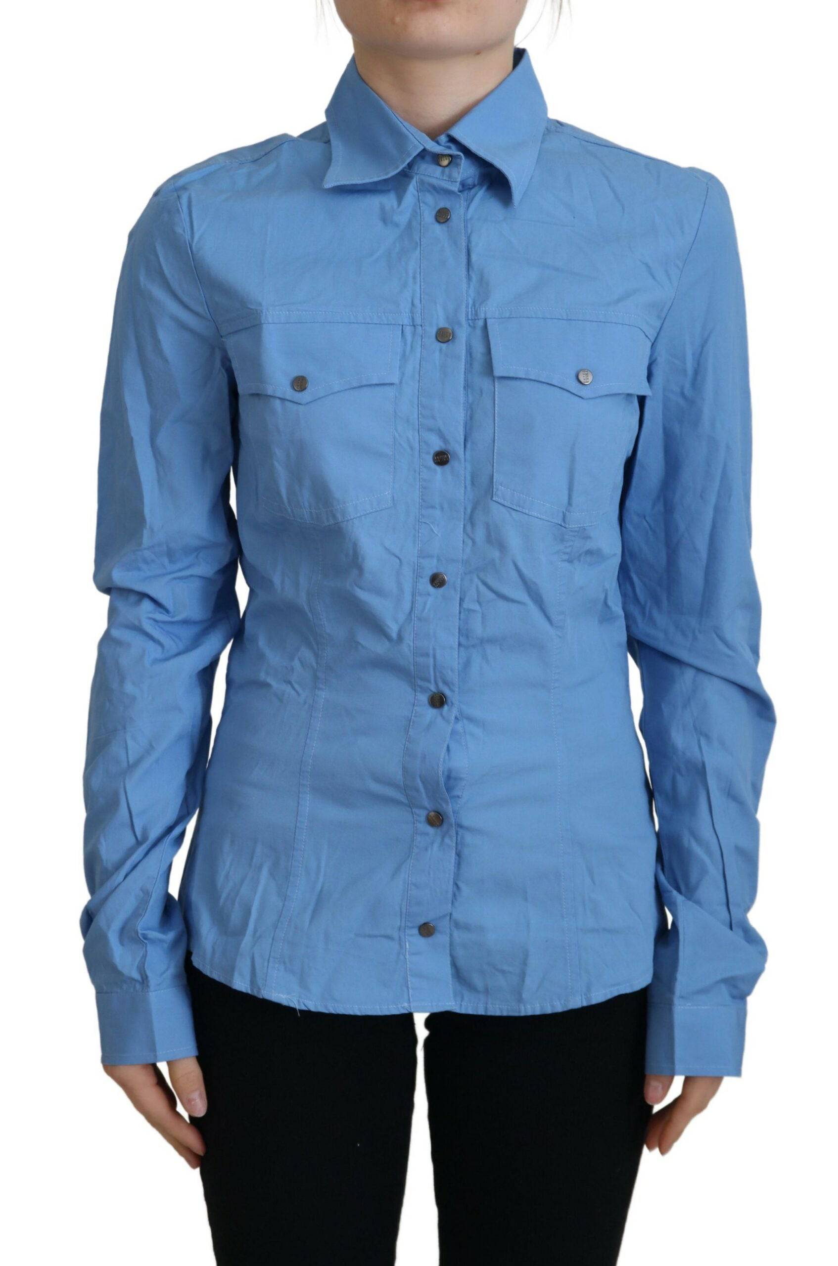 Ferre Elegant Blue Cotton Long Sleeve Polo Top - IT38|XS