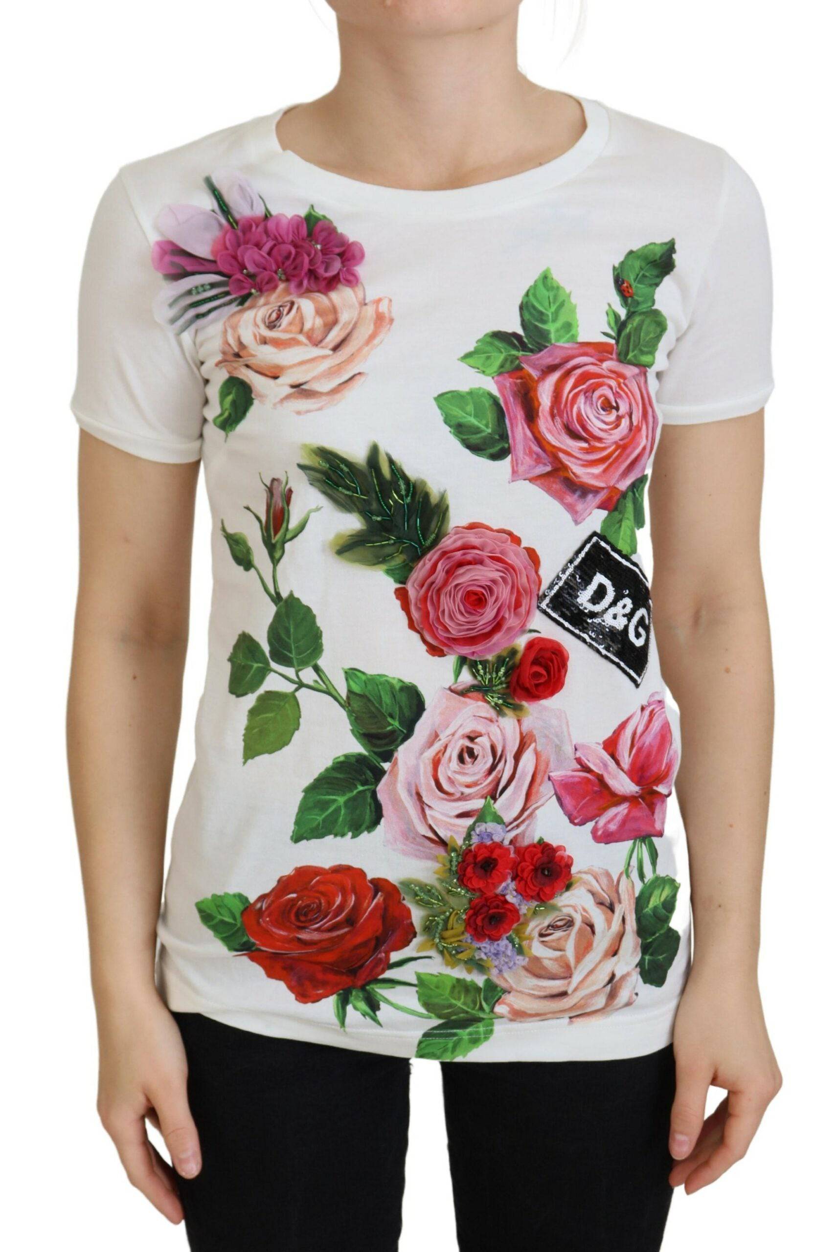 Dolce & Gabbana Elegant Multicolor Rose Print Cotton Tee - IT36|XXS