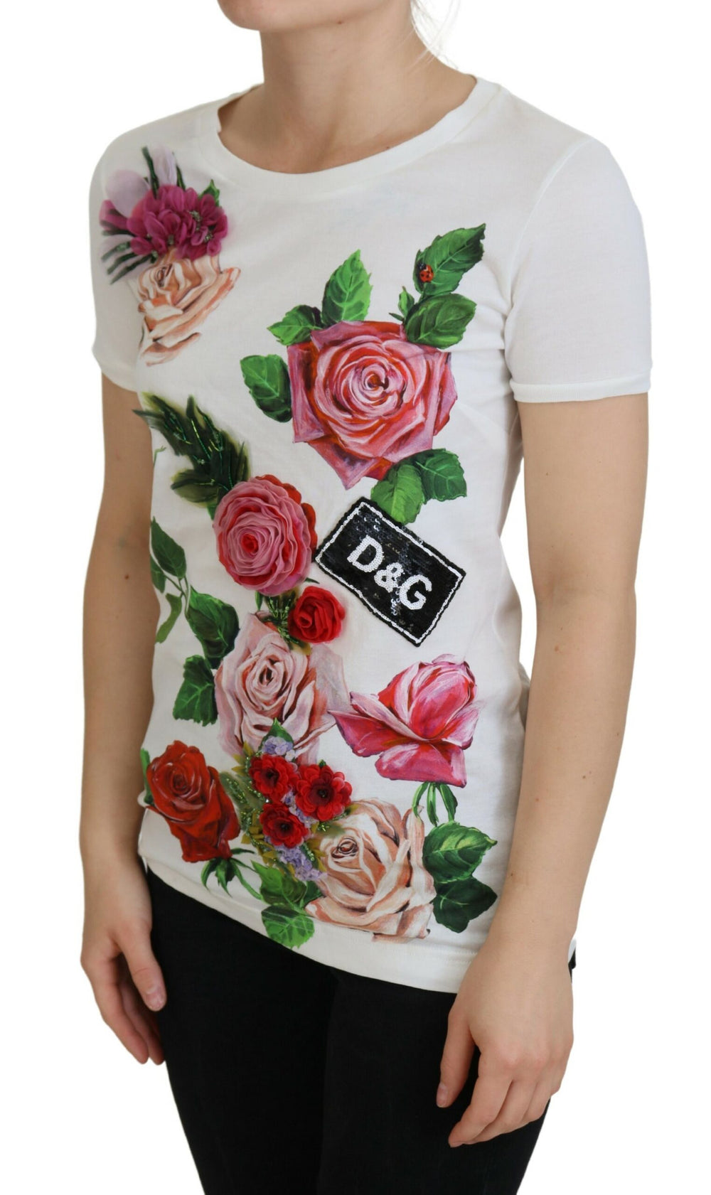 Dolce & Gabbana Elegant Multicolor Rose Print Cotton Tee - IT36|XXS