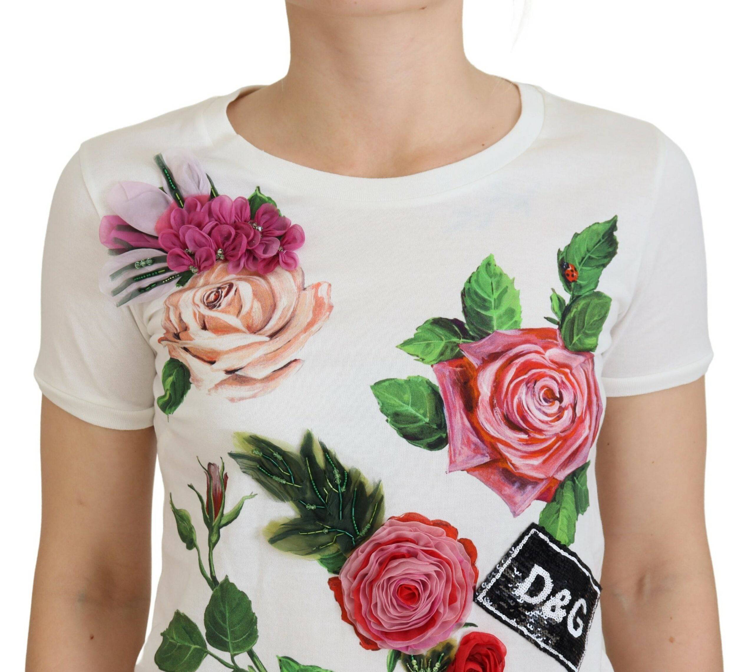 Dolce & Gabbana Elegant Multicolor Rose Print Cotton Tee - IT36|XXS