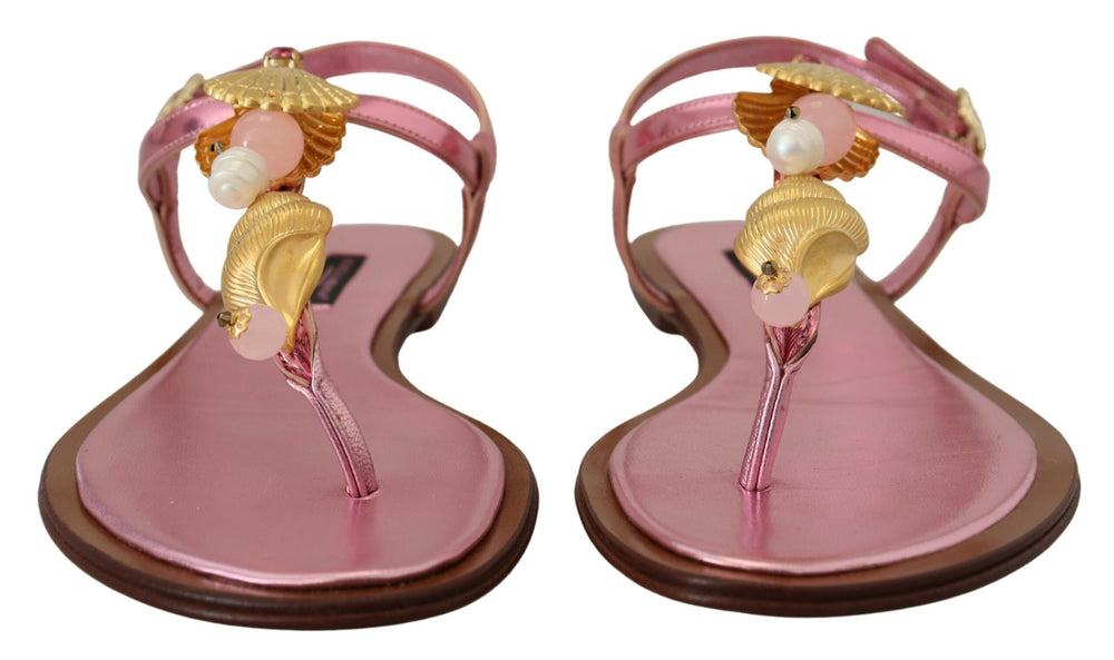 Dolce & Gabbana Chic Pink Leather Sandals with Exquisite Embellishment - EU37/US6.5