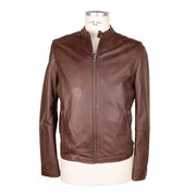 Emilio Romanelli Elegant Brown Leather Jacket with Snap Collar - ACCEXO