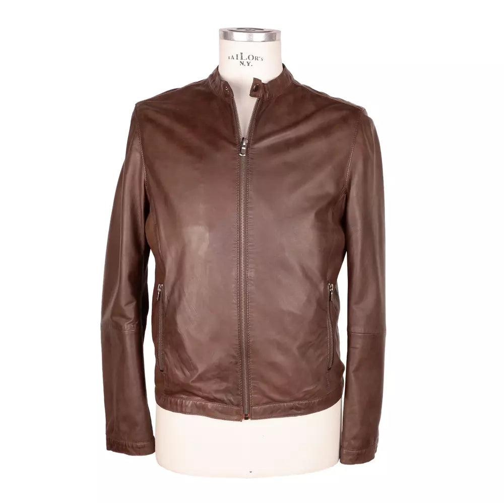 Emilio Romanelli Elegant Brown Leather Jacket with Snap Collar - ACCEXO
