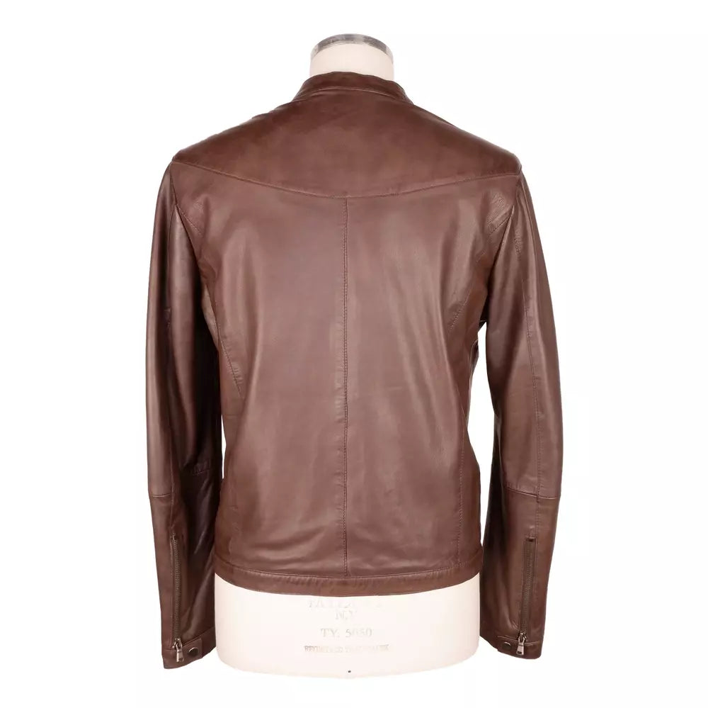 Emilio Romanelli Elegant Brown Leather Jacket with Snap Collar - ACCEXO
