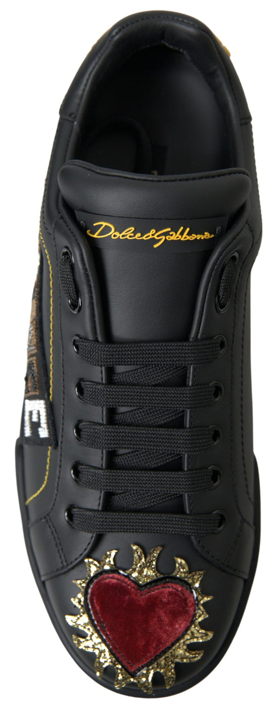 Dolce & Gabbana Elegant Portofino Leather Sneakers - Black Multicolor